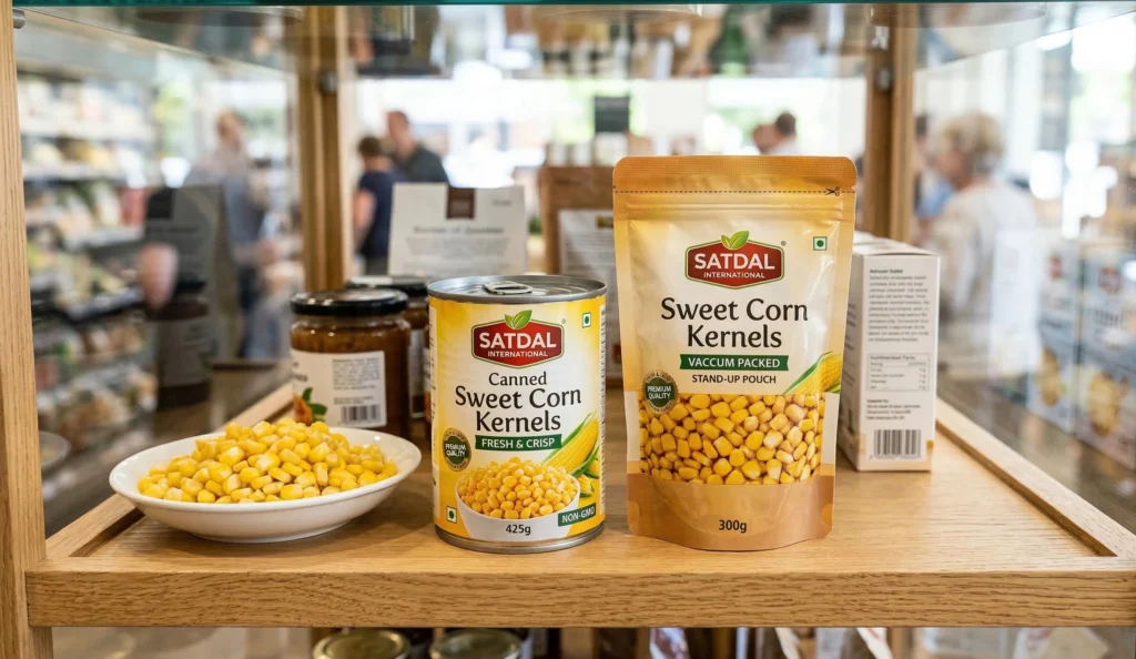 Canned sweet corn kernels in retort pouch and tin can — exported from India by Satdal International