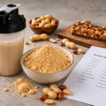 Peanut butter powder beside a protein shaker and protein bar for sports nutrition formulation