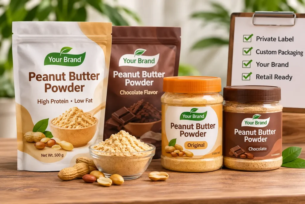 Branded peanut butter powder pouches and jars prepared for a private label launch